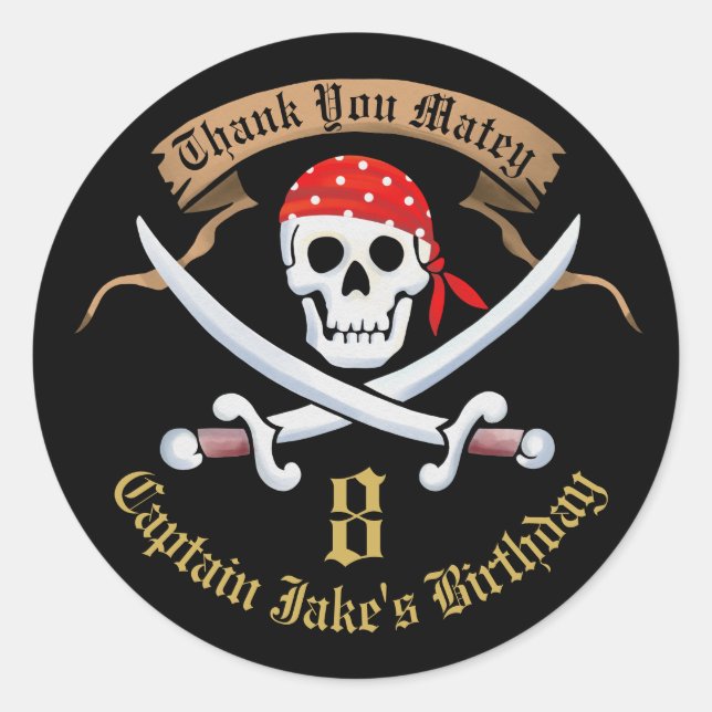 Sticker Rond Merci modifiable Favor Jolly roger Pirate (Devant)