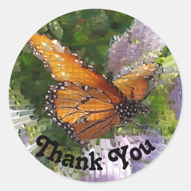 Sticker Rond Merci Monarque Papillon photo tuile florale (Devant)