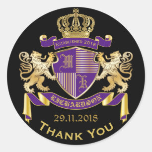 Sticker Rond Merci Monogramme Armoiries Or Emblème pourpre