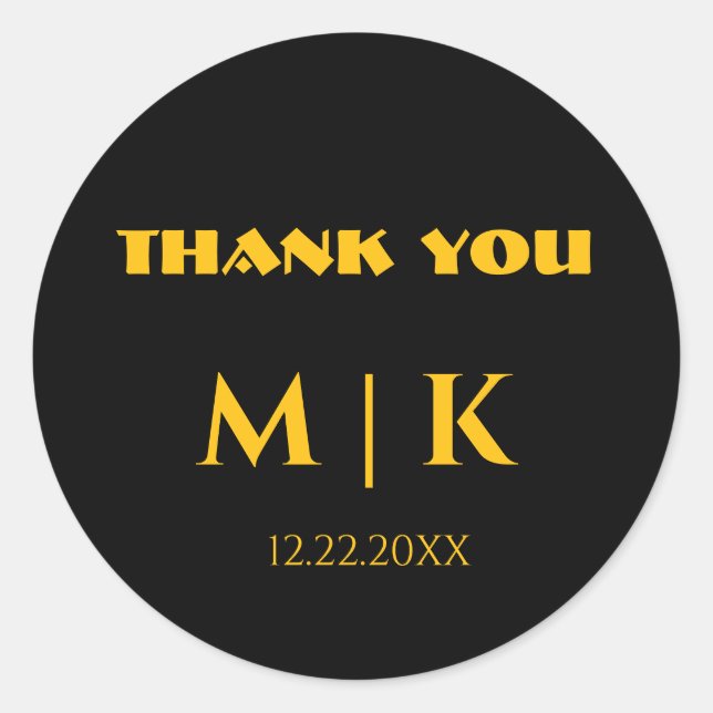 Sticker Rond Merci Monogrammes Mariage or jaune noir (Devant)