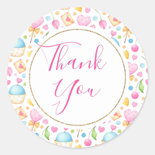 Sticker Rond Merci Motif d'aquarelle Coeurs et muffins (Devant)