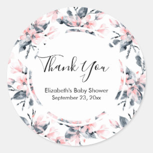 Sticker Rond Merci Motif rose et gris en aquarelle