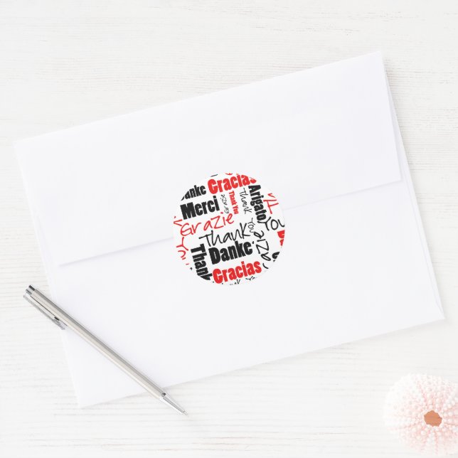 Sticker Rond Merci multilingue rouge noir (Enveloppe)