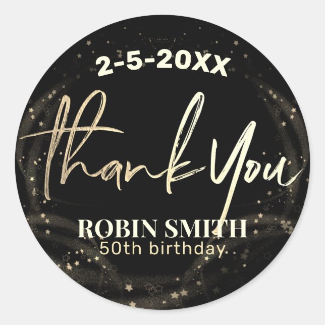 Sticker Rond Merci Noir et Or Moderne Anniversaire Favoriser (Devant)