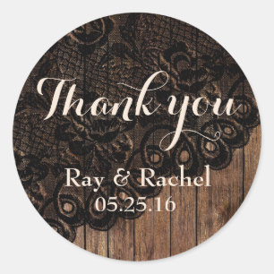 Sticker Rond Merci noir Faux dentelle sur bois