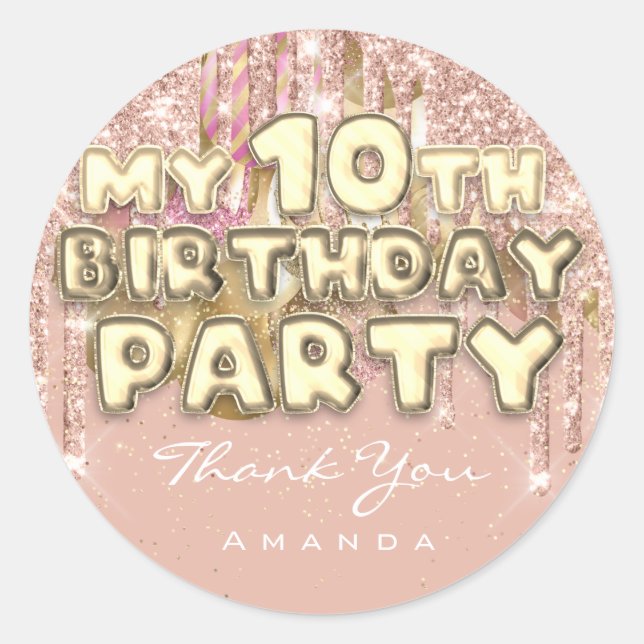 Sticker Rond Merci Nom 10e anniversaire PartyGlitter Ballon Or (Devant)