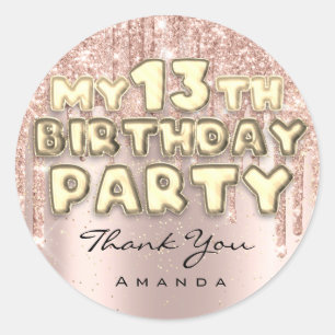 Sticker Rond Merci Nom 14e anniversaire Parties scintillant Ros