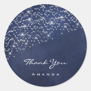 Sticker Rond Merci Nom 16e Mariage nuptiale Blue Navy Confetti