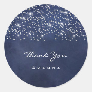 Sticker Rond Merci Nom 16ème Mariage Bleu Nuit Pailleté