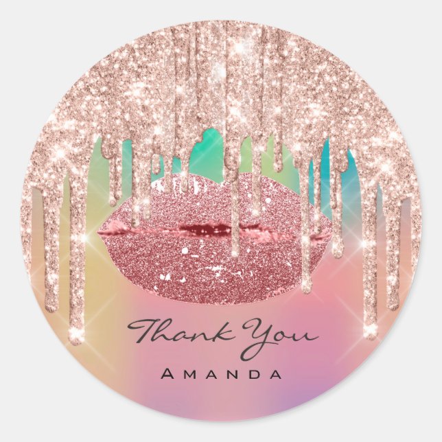 Sticker Rond Merci Nom 16th Kiss Lips Rose Parties scintillant  (Devant)