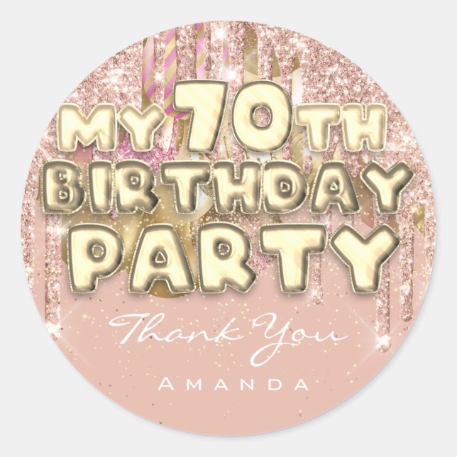 Sticker Rond Merci Nom 70e anniversaire PartyGlitter Ballon Or (Devant)
