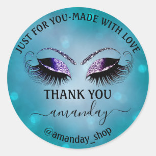 Sticker Rond Merci Nom Boutique Eyelash Shop Turquoise Navy Smo