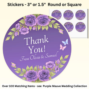 Sticker Rond Merci ! Nom de la mariée et du marié Fleurs Mauve 
