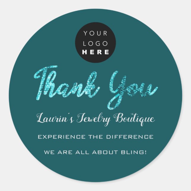 Sticker Rond Merci Nom du script Magasiner Turquoise logo bleu (Devant)