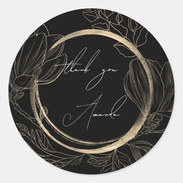 Sticker Rond Merci Nom Floral Noir Blanc Or (Devant)