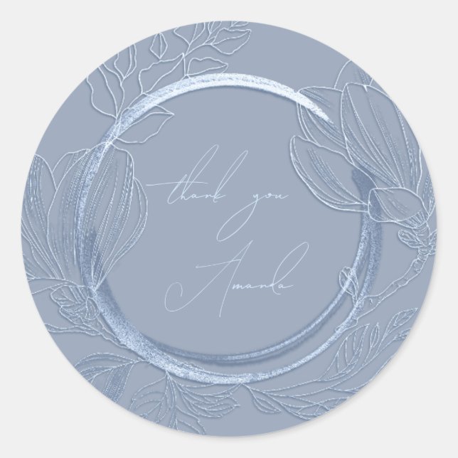 Sticker Rond Merci Nom Magnolia Floral Bleu Jardin Royal (Devant)