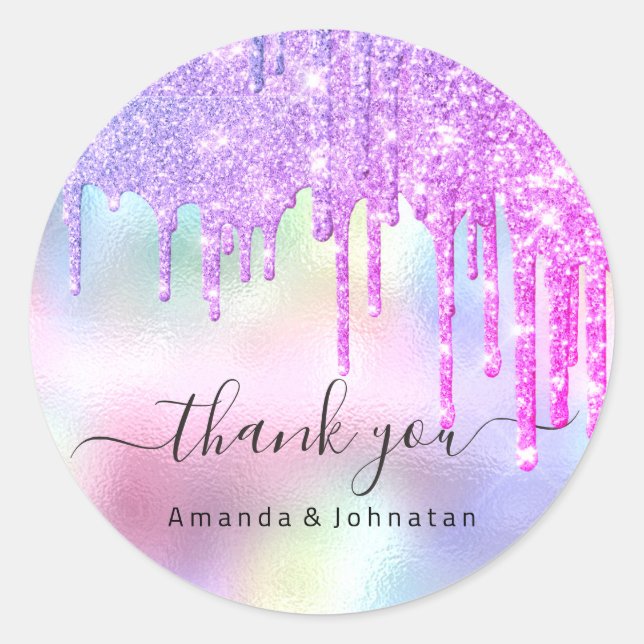 Sticker Rond Merci Nom Mariage Parties scintillant Holographe D (Devant)