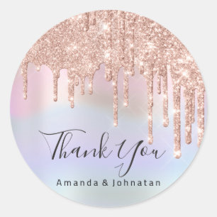 Sticker Rond Merci Nom Mariage Rose Parties scintillant Hologra