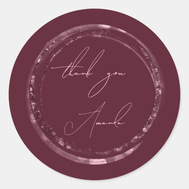 Sticker Rond Merci Nom Sceau Rose Bourgogne Paillettes  (Devant)
