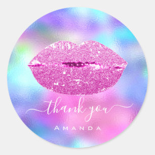 Sticker Rond Merci Nom Sweet16th Mariage Rose Holographique Lè