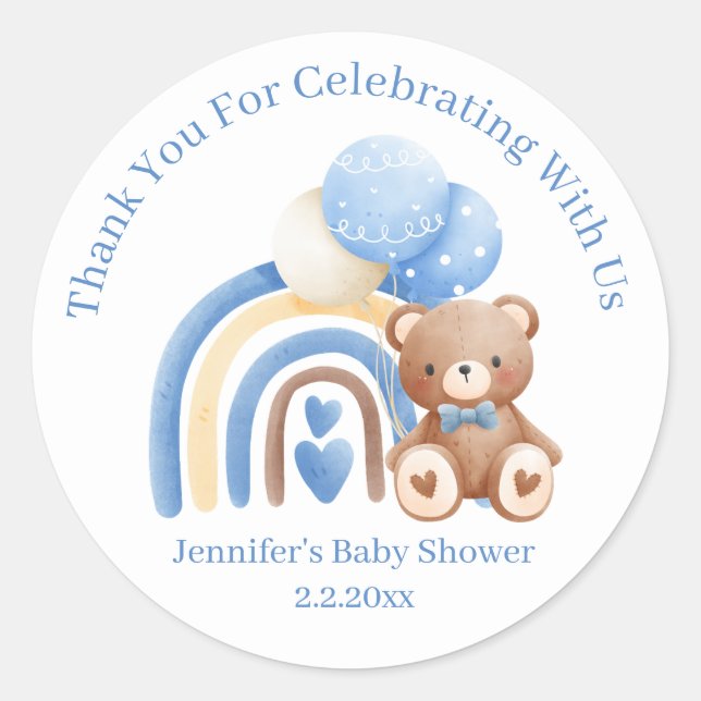 Sticker Rond merci nous pouvons attendre le baby shower bleu (Devant)