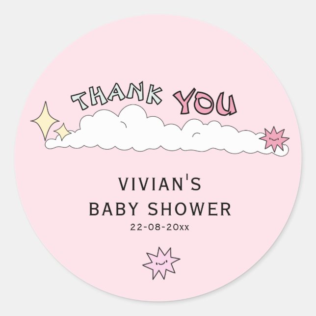 Sticker Rond Merci nuageux rose Doodle (Devant)