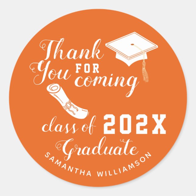Sticker Rond Merci Orange et Blanc Classe de 2025 Graduate (Devant)