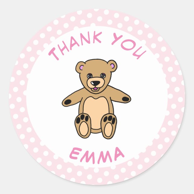 Sticker Rond Merci Ours En Teddy Pink Poka Point (Devant)