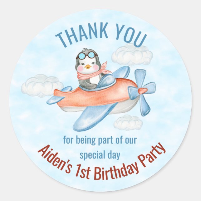 Sticker Rond Merci Penguin Avion Bleu Anniversaire (Devant)