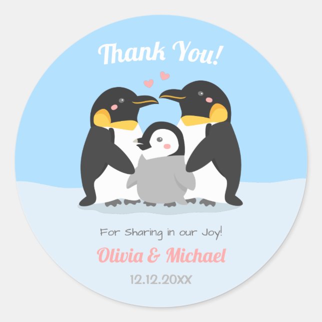 Sticker Rond Merci Penguin Famille Baby shower Décoratif (Devant)