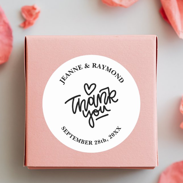 Sticker Rond Merci personnalisé blanc et noir Faveur mariage (Créateur téléchargé)