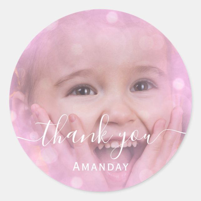 Sticker Rond Merci Photo Fête d'anniversaire rose Fille (Devant)