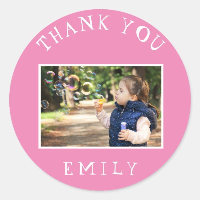 Sticker Rond Merci photo fille enfant rose mignonne (Devant)