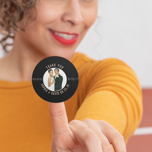 Sticker Rond Merci photo Mariage Retro Vinyl Record (www.zazzle.com/riverme)
