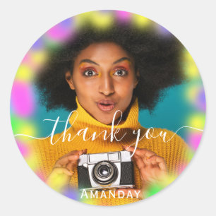 Sticker Rond Merci Photo Néon Rose Fête Holographique Diplômé