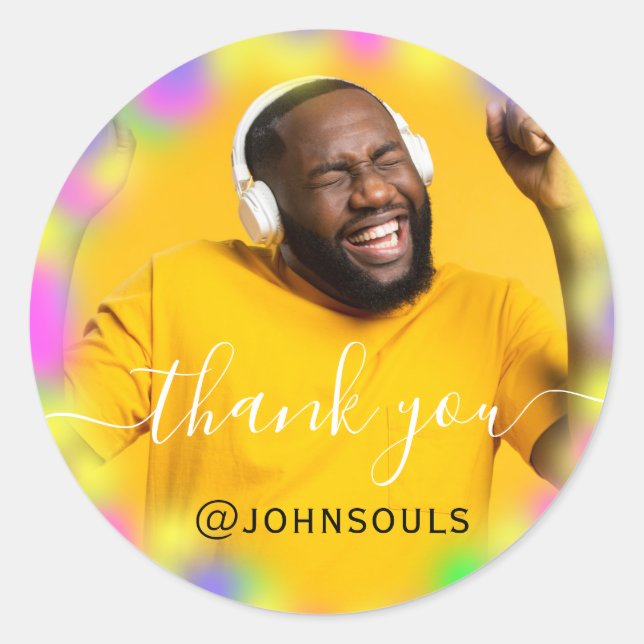 Sticker Rond Merci Photo Neon Yellow Holograph Singer Music DJ (Devant)