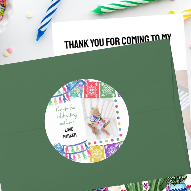 Sticker Rond Merci Photo Papel Picado Fiesta Party Favoriser (Thank you stickers with your photo framed with papel picado - perfect for guest of your fiesta party)