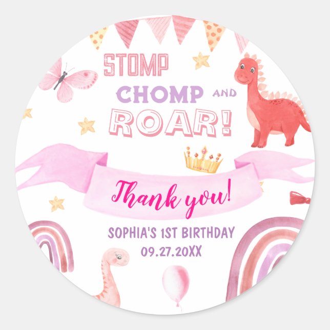 Sticker Rond Merci Pink Baby Dinasaur Anniversaire de enfant Pa (Devant)