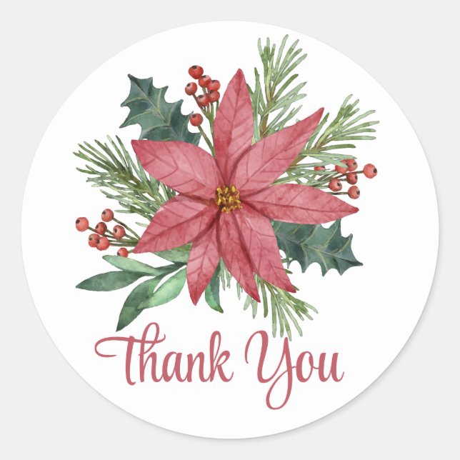 Sticker Rond Merci Poinsettia Rouge Noël Floral Mariage (Devant)