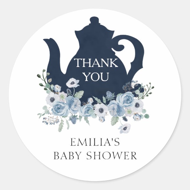Sticker Rond Merci pour la Baby Shower Time for Tea Blue (Devant)