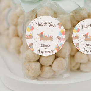 Sticker Rond Merci pour la fête d'anniversaire de chiot sauciss