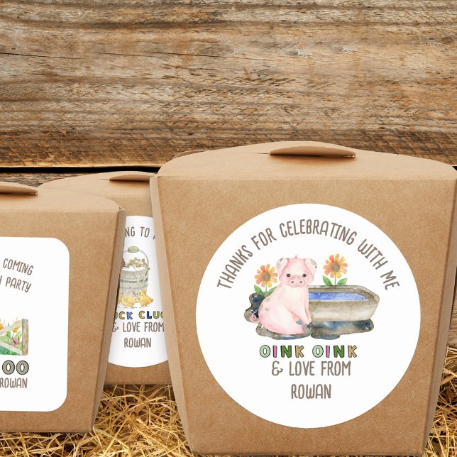 Sticker Rond Merci pour l'Anniversaire de la ferme de cochon (Farm theme birthday party stickers inspired by old macdonald nursery rhyme
)
