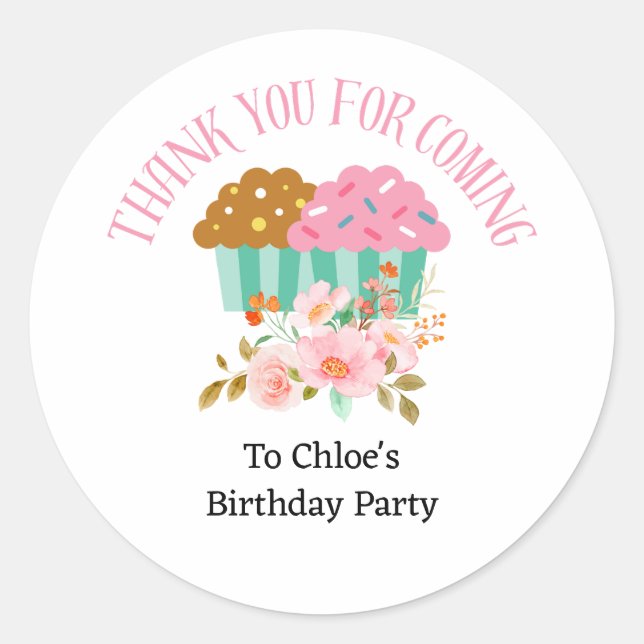 Sticker Rond Merci Pour L'Anniversaire Floral Cupcake À Venir (Devant)