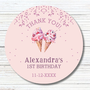 Sticker Rond Merci pour le 1er anniversaire de Pink Girl Ice Cr