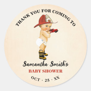 Sticker Rond Merci pour le Baby shower de pompier bébé à venir