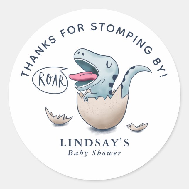 Sticker Rond Merci pour Stomping By Dinosaur Baby shower Blue (Devant)