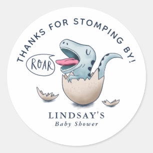 Sticker Rond Merci pour Stomping By Dinosaur Baby shower Blue