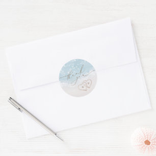 Sticker Rond Merci pour un mariage sur la plage avec des coeurs