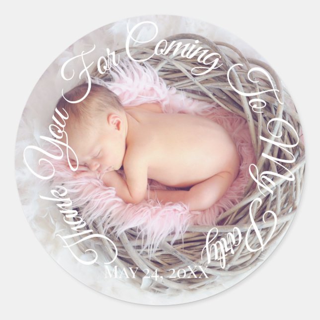 Sticker Rond Merci Pour Venir À Mon Parti Photo Bébé Script (Devant)