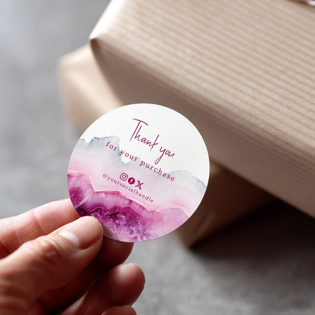 Sticker Rond Merci pour votre achat rose profonde agate sociale (Pink agate thank you social media sticker)